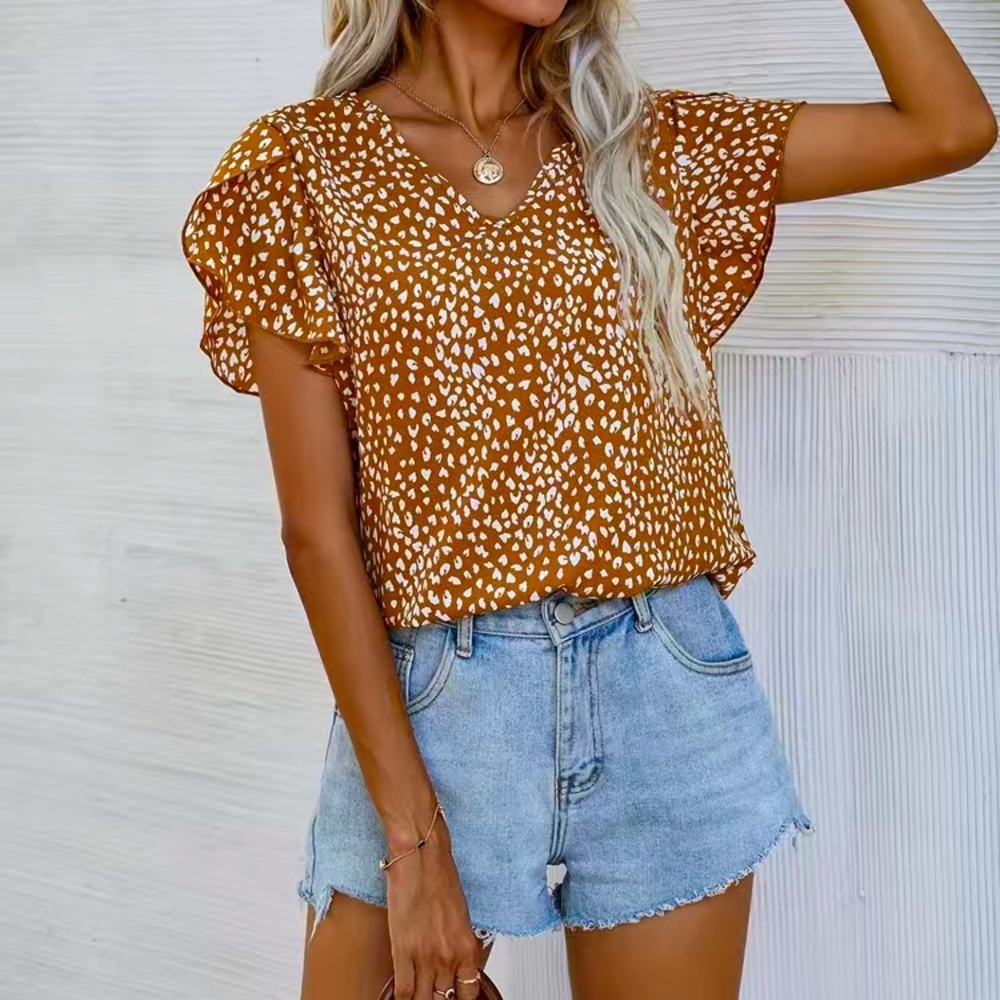 NWOT short-sleeve blouse | leopard print | orange | V-Neck | petal sleeves